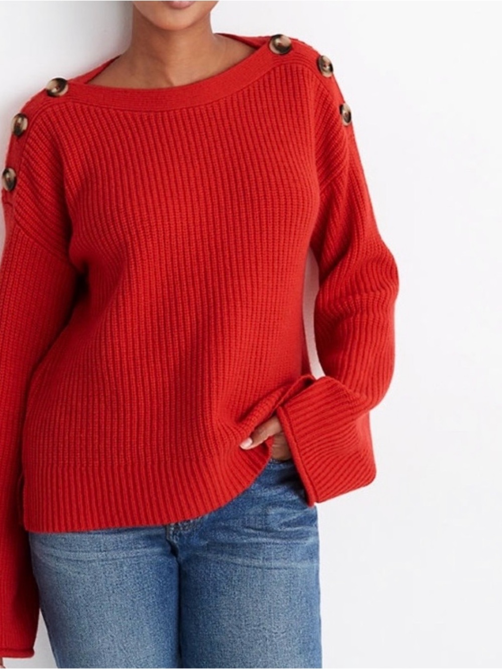 Madewell Calloway Poppy Red Merino Wool Boatneck Wide Sleeve Sweater M